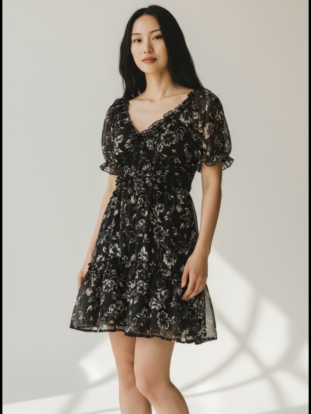 Black Floral Ruffle Short Dress